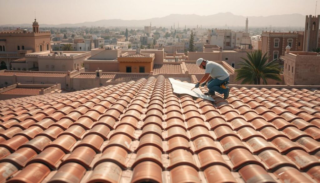 A beautifully detailed image of the roof of a building in Abha, Saudi Arabia, showcasing the intricate process of surface insulation. The foreground depicts the tiled rooftop, with the tiles arranged in a visually appealing pattern. In the middle ground, skilled workers meticulously apply a specialized insulation material, ensuring a seamless and efficient barrier against the elements. The background features the surrounding cityscape, with the distinct architectural style of Abha's buildings creating a harmonious and picturesque scene. The lighting is soft and natural, highlighting the textures and colors of the materials used. The overall atmosphere conveys a sense of professionalism, attention to detail, and the importance of proper roof insulation in the region's climate.