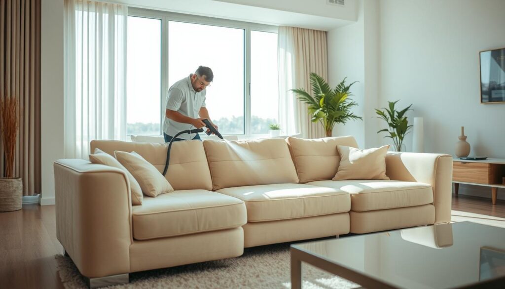 A bright, airy living room with sleek, modern furniture. In the center, a plush, beige sofa is being meticulously cleaned by a professional using a steam cleaning machine. The sofa's upholstery is being revitalized, removing any visible stains or dirt. In the background, a large window floods the room with natural light, illuminating the scene. The overall atmosphere is one of freshness and cleanliness, reflecting the high-quality service provided by a skilled cleaning company in Al-Namas.