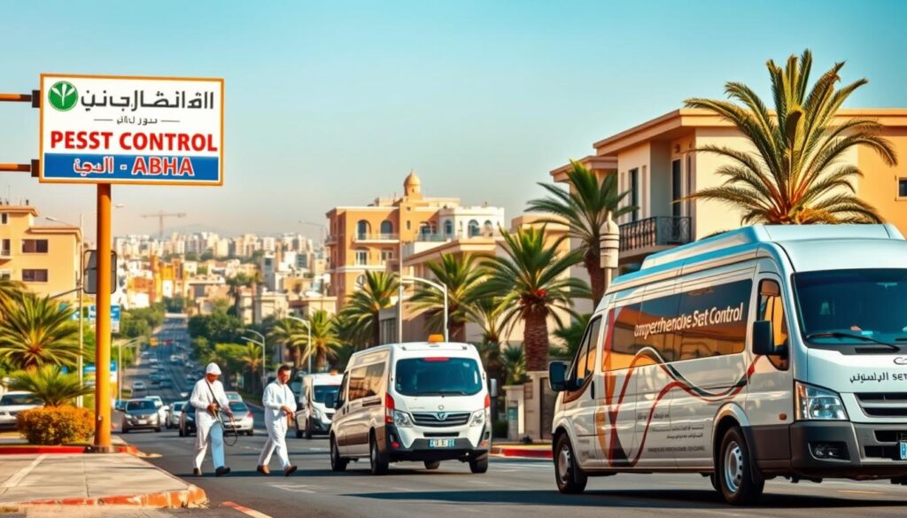 A bustling city street in Abha, Saudi Arabia, with a prominent sign for a comprehensive pest control company. In the foreground, a team of professional exterminators in clean uniforms are diligently inspecting a residential property, their equipment and tools at the ready. The middle ground showcases the company's fleet of modern, well-maintained vehicles adorned with the company's branding. In the background, the vibrant cityscape of Abha is visible, with its distinctive architecture and lush greenery. The scene is bathed in warm, natural lighting, conveying a sense of professionalism, efficiency, and the company's commitment to serving the local community.