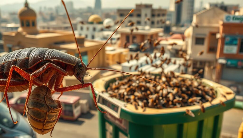 A bustling cityscape of Khamis Mushait, Saudi Arabia, with a focus on the various insects and pests that thrive in the region. In the foreground, a close-up view of a cockroach, its detailed exoskeleton and antennae prominently displayed. In the middle ground, a swarm of flies hovering around a dumpster, their erratic movements captured in a freeze-frame. The background reveals the architectural landscape, with traditional buildings and modern structures coexisting, hinting at the urban setting. The lighting is a mix of natural daylight and warm, golden tones, creating a sense of vibrancy and urgency. The overall tone is one of scientific observation, highlighting the diversity and prevalence of the local pest population.