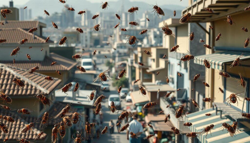 A bustling cityscape of Sarawah Abaidah, with a focus on the variety of insects thriving in the urban environment. Detailed, hyperrealistic depiction of common pests like cockroaches, ants, flies, and mosquitoes swarming around residential buildings and commercial establishments. Convey the pervasiveness of the insect problem through a dynamic composition with insects in the foreground, middle ground, and background, all rendered with precise anatomical accuracy under natural daylight. Incorporate architectural elements like tile roofs, concrete walls, and metal awnings to ground the scene in the local context. Evoke a sense of urgency and the need for professional pest control services through the sheer volume and variety of insects overwhelming the urban landscape.