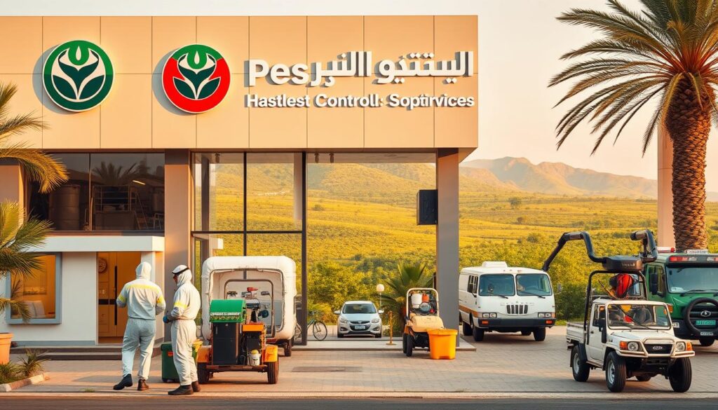 A bustling pest control company in Buraimi Al Saleeli, Oman. The facade features a modern, sleek design with a prominent company logo. In the foreground, a team of professionals in protective gear inspects a building, demonstrating their expertise. The middle ground showcases an array of specialized equipment and vehicles, while the background depicts the lush, verdant landscape of the region. Warm, natural lighting illuminates the scene, conveying a sense of professionalism and trustworthiness. The overall composition highlights the company's comprehensive pest management services tailored to the local environment.