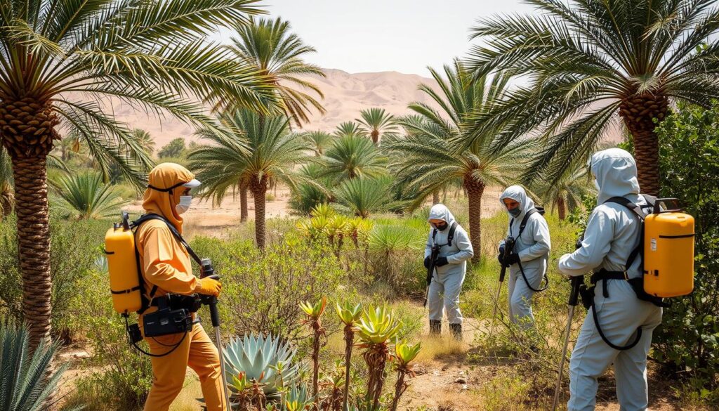 A bustling pest control operation in the lush oasis of Wadi Ibn Hisham, where skilled technicians battle a diverse array of insects with precision and efficiency. The scene depicts the team in action, donning protective gear and wielding state-of-the-art equipment to eradicate the unwanted pests that threaten the local ecosystem. The image should convey a sense of professionalism and dedication, with the technicians meticulously surveying the area and implementing effective strategies to safeguard the tranquil environment. The background should showcase the verdant landscape, with towering palm trees and a picturesque desert backdrop, emphasizing the importance of maintaining a balanced and healthy ecosystem in this vital region.