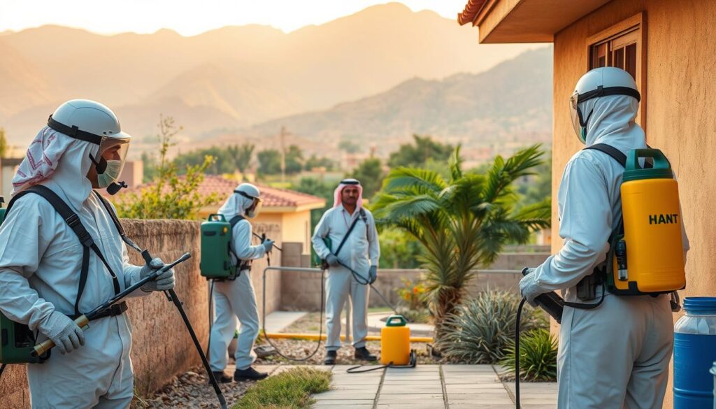 A bustling scene of pest control in Muhayil Asir, Saudi Arabia. In the foreground, a team of professional exterminators equipped with modern spraying equipment and protective gear meticulously treat a residential building for a variety of common household pests. In the middle ground, a homeowner observes the process, relieved to have addressed the infestation. The background depicts the lush, mountainous landscape of Muhayil Asir, a picturesque region known for its clean air and natural beauty. Warm, soft lighting bathes the scene, conveying a sense of efficiency and community-minded service. The overall mood is one of reassurance and environmental harmony, reflecting the importance of effective pest control in maintaining the health and well-being of this thriving Saudi Arabian town.