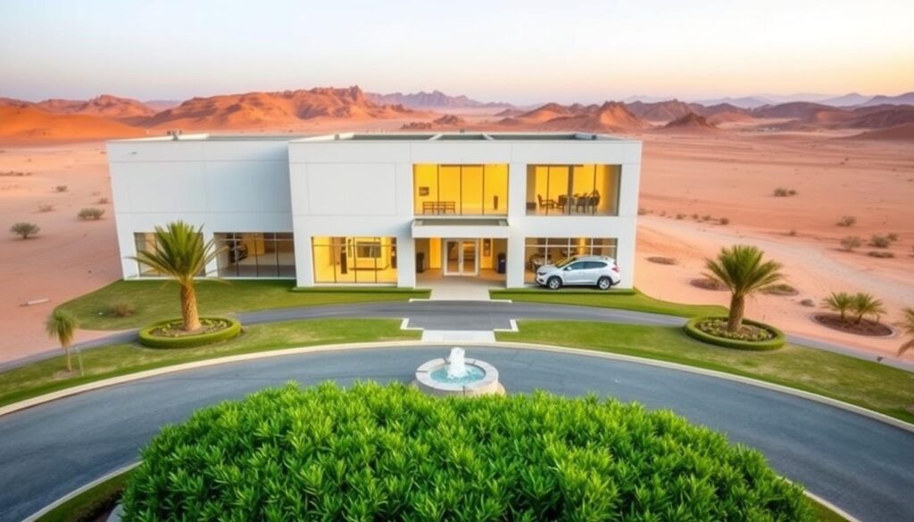 A clean, modern office building with a minimalist facade in a serene desert landscape. The building has large windows that flood the interior with warm, natural light. In the foreground, there is a well-manicured garden with lush greenery and a small fountain. Middle ground features a clean, paved driveway leading to the main entrance, with neatly parked vehicles. The background showcases the rugged, sandy terrain of the Wadi Ibn Hushbul area, with distant mountains in the horizon. The overall scene conveys a sense of professionalism, efficiency, and attention to detail, reflecting the comprehensive cleaning services offered by the company.