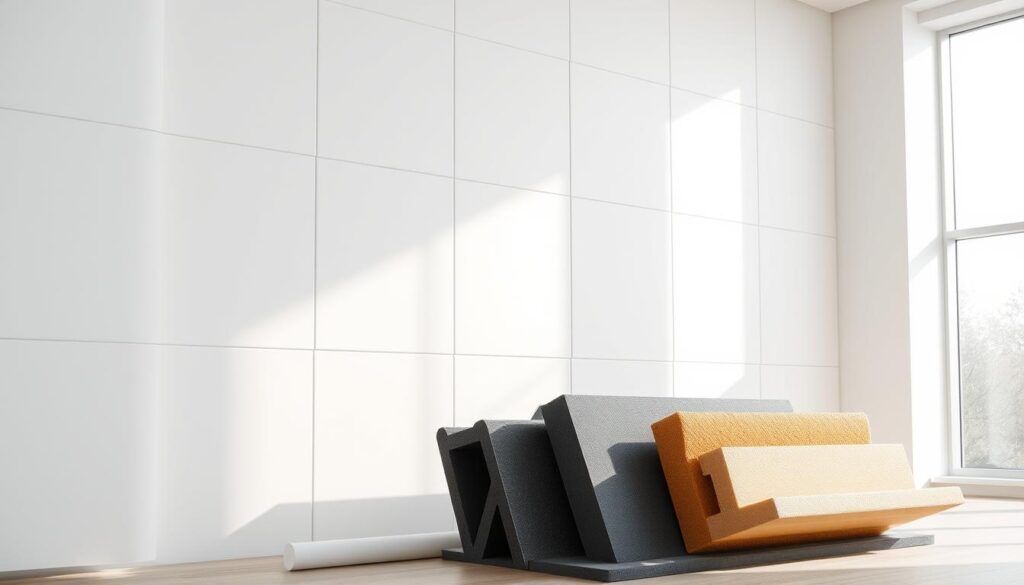 A clean, modern sound-insulating wall with seamless white panels, capturing the essence of thermal and acoustic insulation. The surface is smooth and sleek, reflecting the soft, natural lighting that filters in through large windows. In the foreground, various soundproofing materials, such as acoustic foam and rubber matting, are neatly arranged, showcasing the range of insulation solutions available. The overall composition conveys a sense of efficiency, attention to detail, and a commitment to creating a comfortable, noise-free environment.