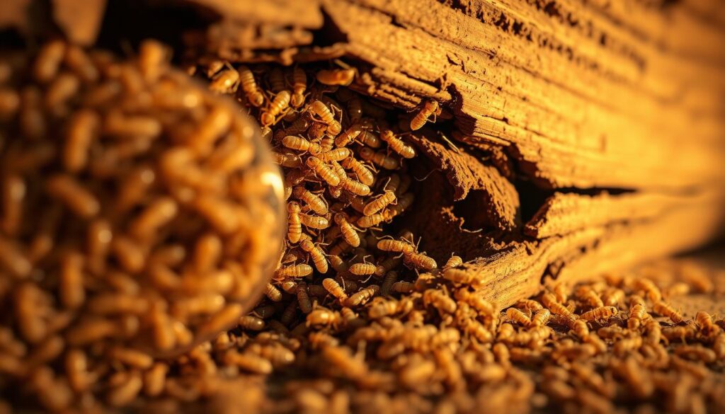 A closeup view of a white termite colony infesting a wooden structure, with workers and soldiers visible. The scene is illuminated by a warm, golden light, casting deep shadows and highlighting the intricate tunnels and mud galleries. In the foreground, a magnified view of the termites' activity, their translucent bodies and agile movements showcasing their destructive power. The middle ground depicts the damaged wood, with cracks and hollowed-out sections revealing the extent of the infestation. The background fades into a softly blurred, earthy tone, emphasizing the organic nature of the pests. The overall composition conveys a sense of urgency and the need for effective termite control measures.
