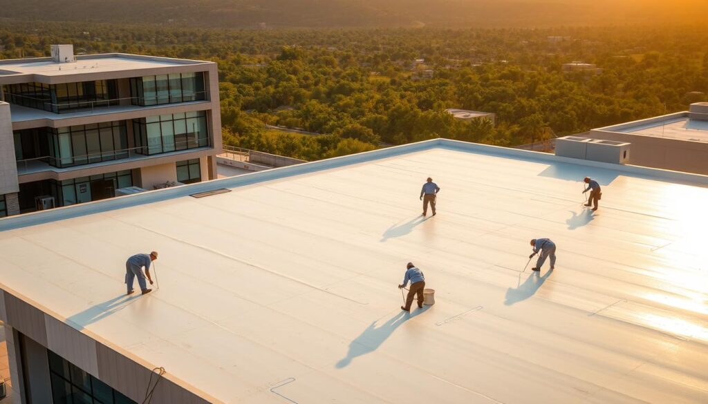 A commercial building with a flat rooftop, situated in the town of Saratah Ubaydah. The building is constructed with a mix of modern and traditional architectural elements, featuring a combination of glass, steel, and stone. The rooftop is covered in a vibrant, reflective coating, indicating a professional roofing and waterproofing service. In the foreground, workers are shown carefully applying the waterproofing material, ensuring a seamless and durable surface. The scene is bathed in warm, golden sunlight, creating a sense of productivity and efficiency. The background features a lush, verdant landscape, hinting at the serene and picturesque setting of the town. The overall composition conveys the expertise and professionalism of the "Saratah Ubaydah Roofing Insulation Company" in providing high-quality roofing solutions.