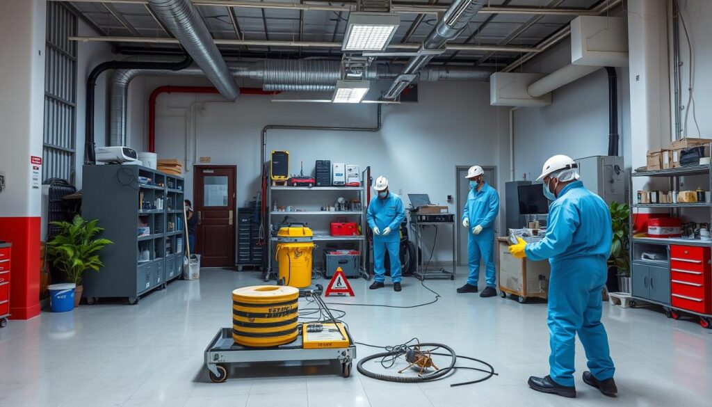 A comprehensive pest control company operating in Wadi Ibn Hishal, with a team of skilled professionals utilizing advanced techniques to eradicate a diverse range of insects and pests. A modern, well-equipped facility with a focus on environmentally-friendly solutions, offering a full suite of services tailored to the local community's needs. The image should convey a sense of professionalism, expertise, and commitment to customer satisfaction, showcasing the company's dedication to providing reliable and effective pest management solutions.
