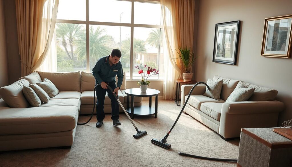 A cozy living room in Khamis Mushait, Saudi Arabia, with a large L-shaped sofa and a loveseat set against a neutral-toned wall. Sunlight streams in through wide windows, casting a warm glow on the plush, well-maintained upholstery. In the foreground, a hardworking cleaning professional in a crisp uniform carefully vacuums the carpeted floor, meticulously removing any dirt or debris. The middle ground features a side table with a vase of fresh flowers, and a framed artwork hangs on the wall, adding a touch of elegance. The background showcases the serene, tree-lined neighborhood outside, hinting at the tranquility of the scene. The overall atmosphere is one of cleanliness, comfort, and attention to detail.