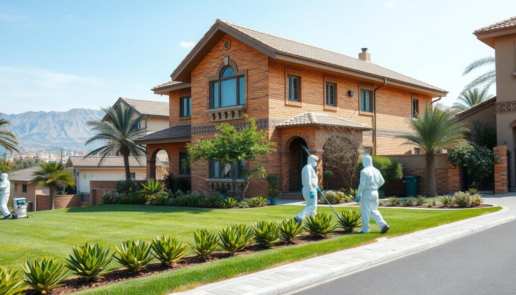 A cozy residential neighborhood in Abha, Saudi Arabia. In the foreground, a well-maintained two-story house with a neatly trimmed lawn and lush, verdant plants. The house has a warm, inviting facade with a traditional architectural style, featuring ornate windows and intricate brickwork. In the middle ground, a team of pest control specialists in protective gear diligently inspecting the property, their equipment and tools neatly organized. The background depicts the vibrant city of Abha, with its iconic mountains and blue skies, creating a serene and picturesque setting. The overall mood is one of professionalism, attention to detail, and a commitment to providing a safe and healthy living environment for the homeowners.
