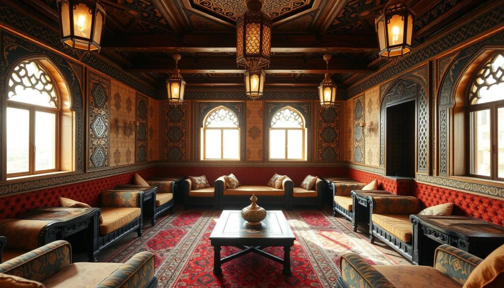 A cozy, well-appointed majlis in Abha, Saudi Arabia. The room is adorned with plush, ornate seating in rich, earthy tones, arranged around a central low table. Vibrant rugs cover the floor, and decorative lanterns hang from the ceiling, casting a warm, ambient glow. Ornate wooden beams and intricate tile patterns grace the walls, creating an atmosphere of traditional Arabian elegance. Sunlight streams through large windows, illuminating the space and highlighting the fine craftsmanship of the furnishings. The scene conveys a sense of comfort, hospitality, and timeless cultural heritage.
