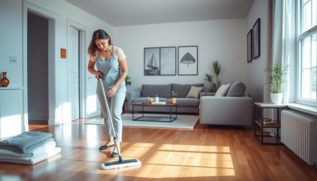 A cozy, well-lit apartment with sunlight streaming through the windows. In the foreground, a housekeeper diligently mops the hardwood floors, her movements fluid and efficient. Gleaming surfaces and neatly folded linens suggest a thorough cleaning process. In the middle ground, a modern, minimalist living room with comfortable furniture invites relaxation. The background features tasteful artwork and potted plants, creating a serene, inviting atmosphere. The scene conveys a sense of cleanliness, order, and attention to detail, reflecting the high-quality cleaning services offered by the company.