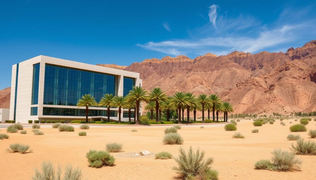 A desert landscape with a large, modern office building in the foreground. The building has a sleek, minimalist design with clean lines and large windows. The exterior is a mix of light-colored stone and glass, reflecting the bright desert sun. In the middle ground, a well-maintained landscaped area with palm trees and lush greenery surrounds the building. In the background, a rugged, mountainous terrain with a clear, blue sky dotted with a few wispy clouds. The overall scene conveys a sense of professionalism, expertise, and attention to detail, reflecting the subject of the "شركة عزل اسطح بوادي ابن هشبل" company and its reputation for excellence.