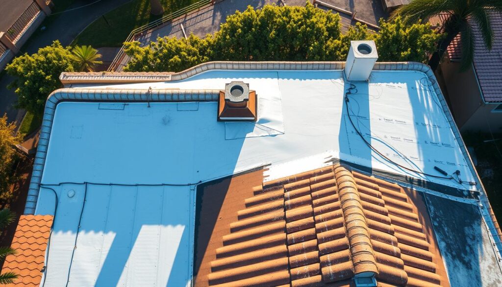 A detailed aerial view of a residential rooftop in Dhahran Al Janub, Saudi Arabia. The rooftop features a variety of roof insulation materials, including a bright white elastomeric coating, a bituminous membrane, and a reflective insulation layer. Sunlight casts warm, diffused illumination across the scene, highlighting the various textures and materials used for effective roof insulation. The surrounding environment is lush with greenery, providing a serene and picturesque backdrop. The composition emphasizes the importance of professional roof insulation services in this region, showcasing the attention to detail and quality craftsmanship required for effective thermal and moisture protection.