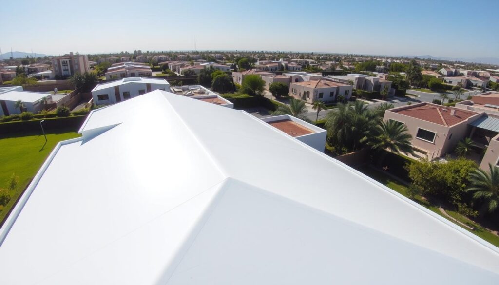 A detailed aerial view of a residential rooftop in Khamis Mushait, Saudi Arabia. The roof is covered in a seamless, light-colored membrane, reflecting the bright sunlight. The surrounding buildings, lush greenery, and clear blue sky create a serene, well-maintained environment. The image showcases the high-quality roofing insulation and waterproofing solutions offered by a professional roofing company, capturing the care and expertise they bring to their work in the region.
