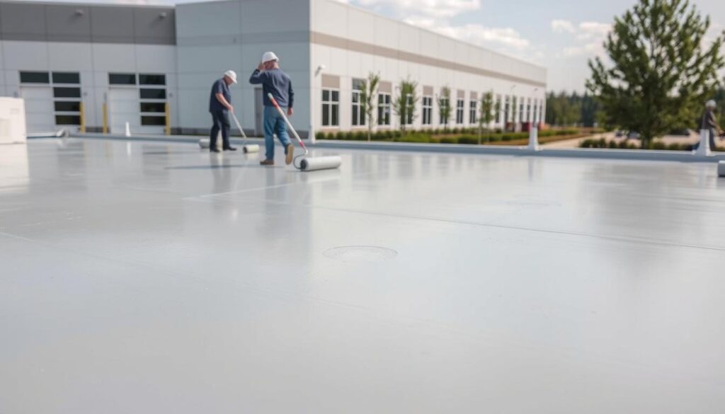 A detailed, high-quality photograph of concrete roof insulation and waterproofing. The foreground shows a close-up view of a smooth, seamless concrete surface being coated with a thick, durable waterproof membrane in a light grey color. The middle ground reveals the application process, with workers carefully applying the coating using rollers and brushes. The background depicts the exterior of a large commercial or industrial building, with a clean, modern architectural design and well-maintained landscaping. The lighting is natural, with a soft, diffused quality that highlights the texture and sheen of the materials. The overall scene conveys a sense of professionalism, efficiency, and attention to detail in the process of waterproofing and insulating concrete roofs.
