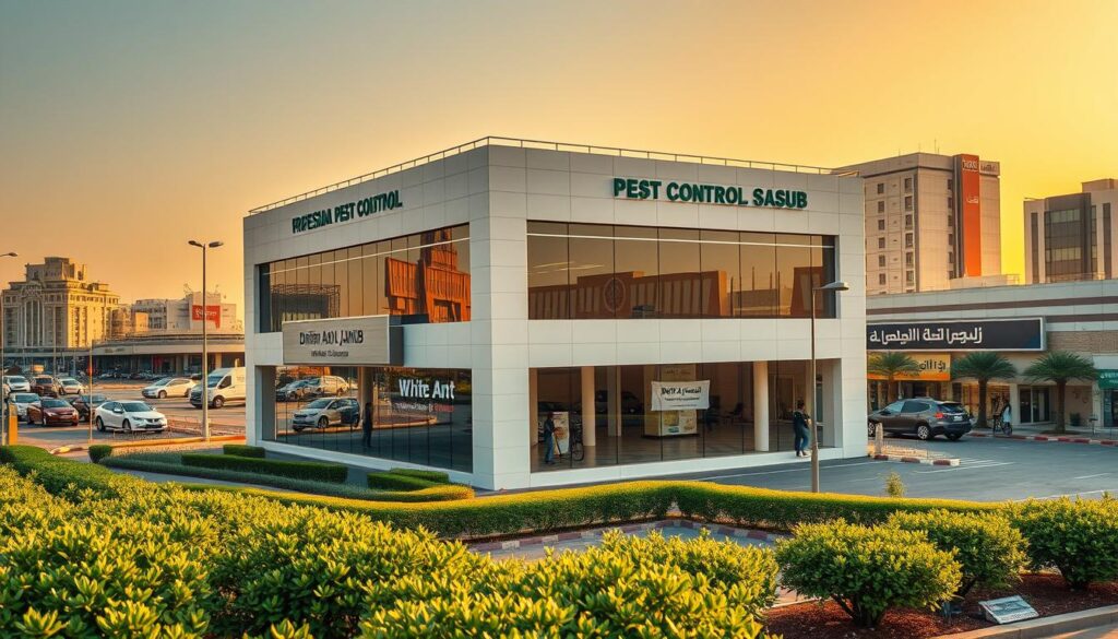 A detailed, high-resolution image of a commercial building situated in Dhahran Al-Janub, Saudi Arabia, serving as the headquarters for a professional pest control company specializing in white ant (termite) extermination. The building is presented in a warm, golden afternoon light, with a clean, modern architectural design featuring large windows and a prominent signage. The scene includes lush, well-manicured landscaping in the foreground, suggesting a professional, reputable establishment. The background showcases the vibrant, bustling urban environment of Dhahran Al-Janub, with other commercial buildings and infrastructure visible in the distance, conveying a sense of the company's integration within the local community.