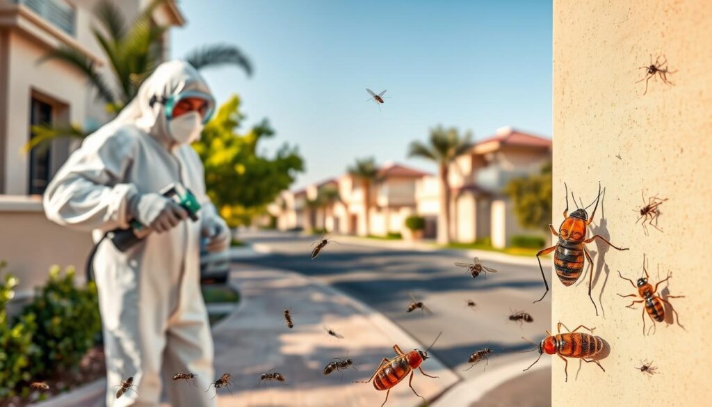 A detailed high-resolution image of a professional pest control service in Tanomah, Saudi Arabia. In the foreground, a technician in a protective suit sprays insecticide on a residential wall, while in the middle ground, various types of crawling and flying insects such as cockroaches, ants, and mosquitoes are visible. The background depicts a clean, well-maintained suburban neighborhood with lush greenery and modern buildings. The lighting is natural, with warm tones and subtle shadows, conveying a sense of professionalism and efficiency in the pest control service. The overall composition emphasizes the expertise and attention to detail of the company in eradicating household pests.