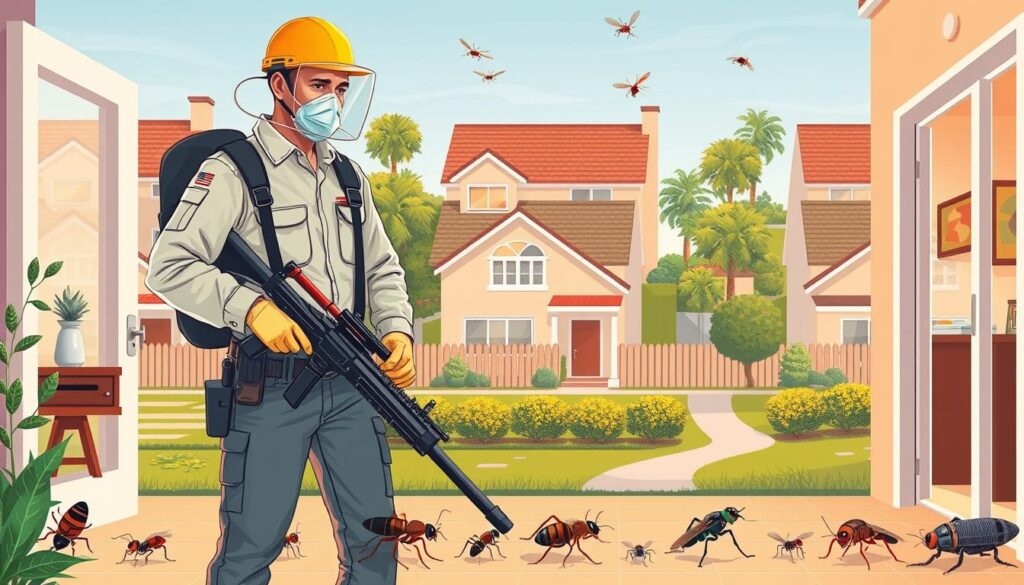 A detailed illustration of pest control services in Ahdad Rafidah. Showcase a well-equipped pest control specialist in the foreground, examining a home interior for signs of infestation. In the middle ground, depict various common household pests like cockroaches, ants, and flies. In the background, a residential neighborhood with neatly landscaped homes. Utilize warm lighting to convey a sense of professionalism and expertise. Capture the scene from a slightly elevated angle to emphasize the specialist's work. Ensure the overall composition is balanced and visually appealing, without any distracting elements.