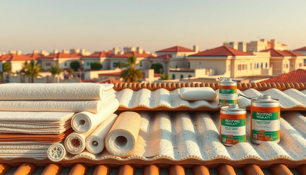 A detailed illustration of various types of roofing insulation materials commonly used in Tanumah, Saudi Arabia. In the foreground, a selection of insulation panels, rolls, and spray foam canisters are neatly displayed, showcasing their distinct textures and properties. The middle ground features a cross-section of a roof system, highlighting the strategic placement of the insulation components to maximize thermal efficiency. In the background, a serene residential neighborhood with traditional Arabic architecture provides context, emphasizing the practical application of these insulation solutions. The image is bathed in warm, golden lighting, conveying a sense of quality and craftsmanship associated with professional roofing insulation services.
