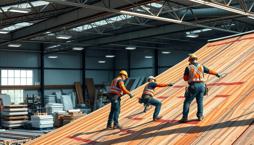A detailed image of a professional roofing company's comprehensive services. Show a modern, well-equipped warehouse filled with various roofing materials, equipment, and workers in uniform expertly applying waterproofing sealants and insulation to a large, gently sloped roof. Capture the attention to detail, craftsmanship, and customer-centric focus of this specialized roofing contractor. Utilize warm, natural lighting to highlight the high-quality workmanship and attention to safety protocols. Present a visually striking, technically accurate depiction of the company's full-service roofing solutions.