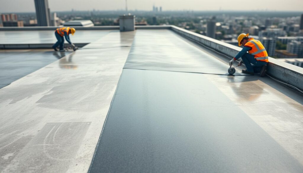 A detailed image of concrete roof waterproofing, showcasing the process in a well-lit, high-angle perspective. The foreground depicts workers meticulously applying a thick, seamless membrane across the rooftop surface, ensuring a smooth, uniform coverage. The middle ground highlights the intricate textures and patterns of the underlying concrete, contrasting with the glossy, reflective waterproofing material. The background subtly suggests the surrounding urban environment, with a softly blurred cityscape in the distance, conveying a sense of the practical application of this roofing solution. The overall scene exudes a professional, technical atmosphere, suitable for illustrating the specialized roofing services offered by the company.