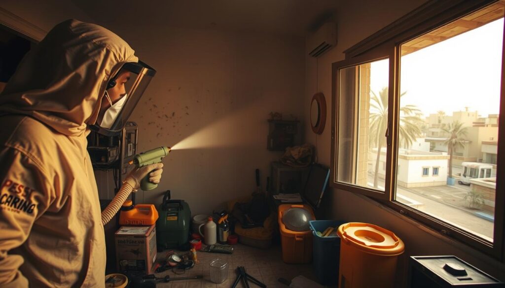 A detailed interior scene of a pest control operation in the town of Al-Namas. In the foreground, a pest control technician in protective gear sprays insecticide on a wall to eliminate a cockroach infestation. The middle ground shows various pest control equipment and tools scattered around the room. In the background, a window overlooking the streets of Al-Namas, with buildings and palm trees visible outside. The lighting is a warm, ambient glow, creating a sense of diligence and professionalism. The overall atmosphere conveys the expertise and dedication of the pest control company in serving the local community.
