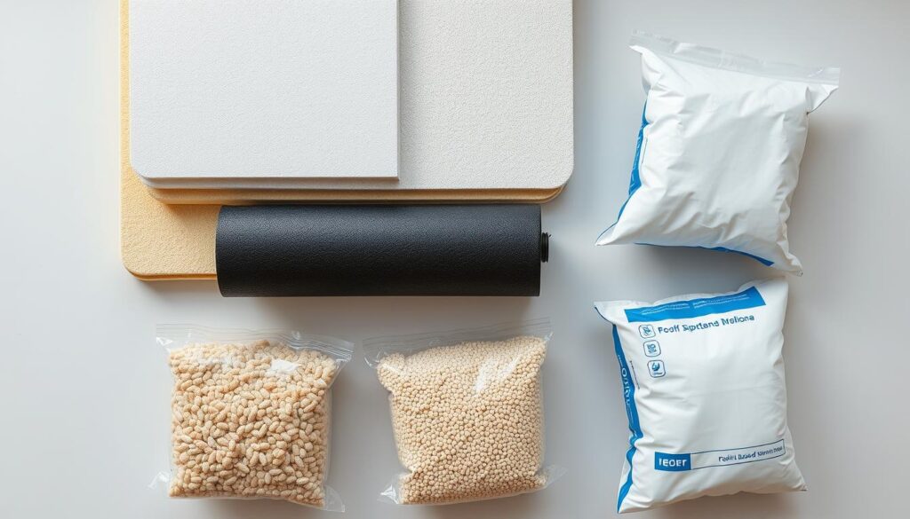 A detailed overhead view of various types of roof insulation and waterproofing materials commonly used in the Al Namas region. Prominently featured are sheets of polyurethane foam, rolls of asphalt-based waterproofing membrane, and bags of perlite-based insulation granules. The items are arranged neatly on a clean, well-lit surface, with soft shadows and a slightly muted color palette to convey a professional, technical aesthetic. The lighting is soft and diffused, creating subtle highlights and shadows that accentuate the textures of the materials. The camera angle is perpendicular to the surface, providing a clear, unobstructed view of the products.