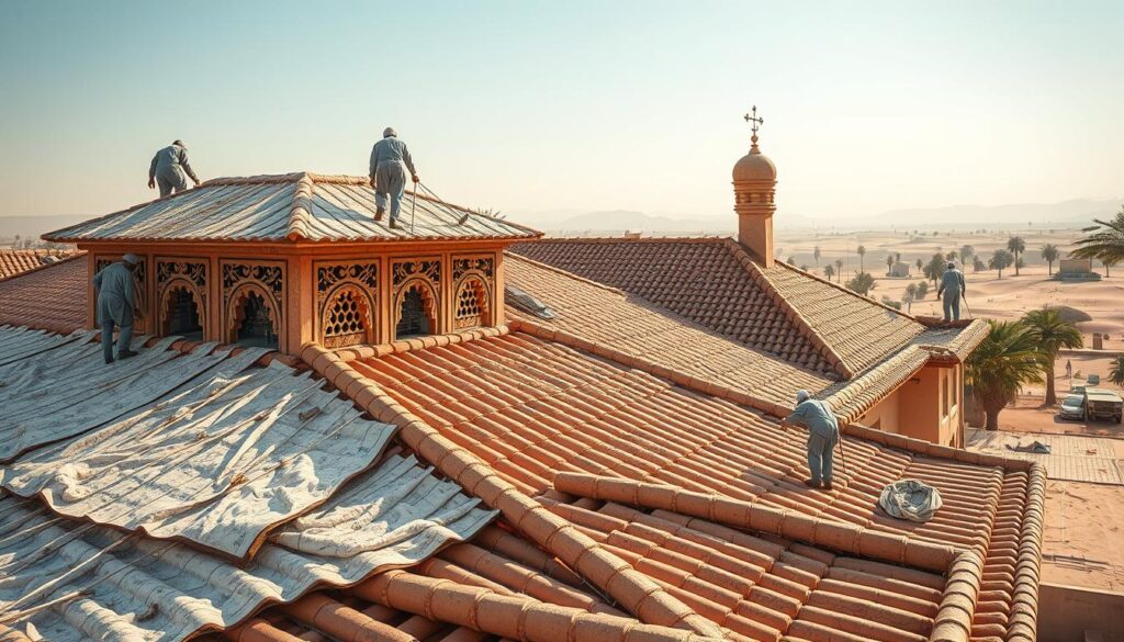A detailed rooftop scene in a traditional Saudi Arabian architecture style, showcasing the process of insulating the roof using a specialized material called 'Rafeeda'. The foreground features workers carefully applying the insulation, with their tools and equipment visible. The middle ground depicts the rooftop structure, including ornate arches, intricate patterns, and terracotta tiles. The background showcases the surrounding landscape, with the characteristic desert scenery, including palm trees and a clear blue sky. The lighting is warm and natural, creating a sense of authenticity and craftsmanship. The overall composition and attention to detail convey the importance of proper roof insulation in the local climate.