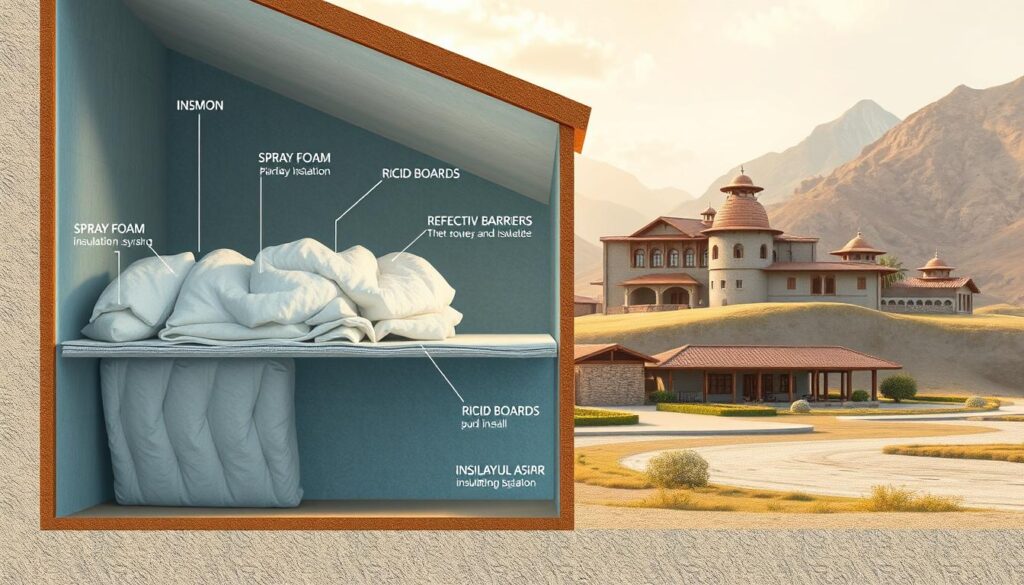 A detailed, technical illustration of various insulation types used in Muhayil Asir, showcasing their key features and applications. The image depicts the cross-section of a building, with the foreground highlighting different insulation materials such as spray foam, rigid boards, and reflective barriers. The middle ground showcases the installation process, while the background features the local landscape of Muhayil Asir, including mountains and traditional architecture. The lighting is soft and natural, creating a warm, informative atmosphere. The composition emphasizes the importance of proper insulation in the region's climate, conveying the expertise and dedication of the local insulation company.
