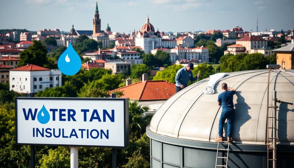 A detailed, well-lit scene of a water tank insulation company in Ballasmar. The foreground features the company's logo and signage, showcasing their expertise in waterproofing and insulation services. The middle ground depicts workers inspecting and applying specialized materials to the tank's exterior, while the background showcases the surrounding Ballasmar cityscape, with its distinctive architecture and lush greenery. The overall composition conveys a sense of professionalism, attention to detail, and the company's commitment to providing high-quality services to the local community.