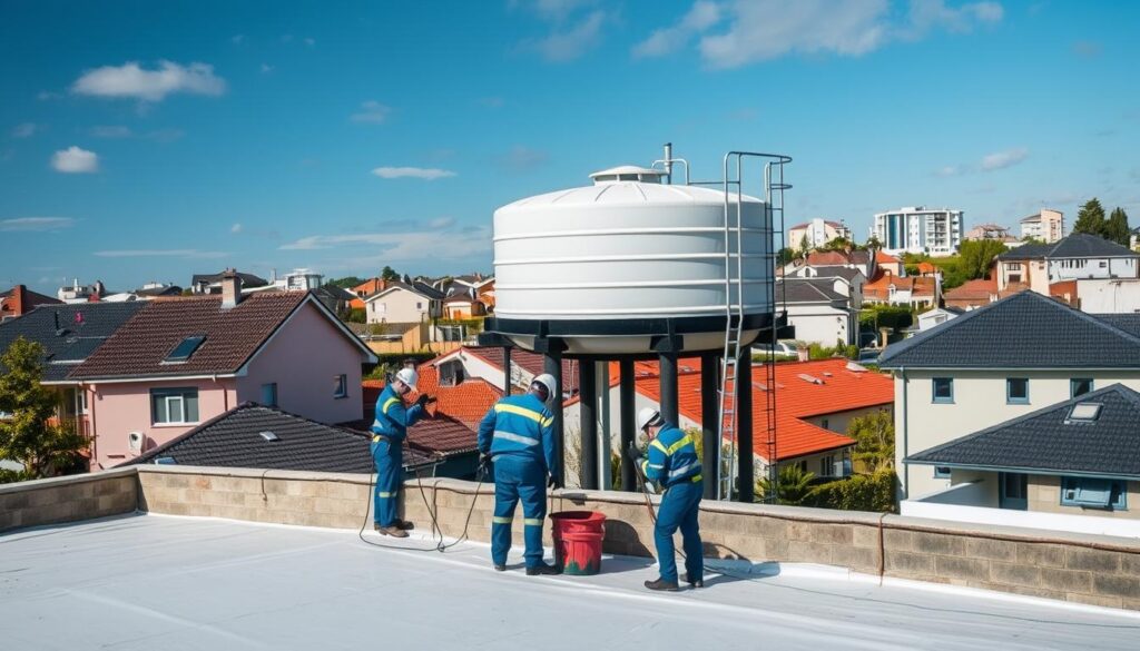 A detailed, well-lit scene showcasing the professional waterproofing and insulation services of a company specializing in tank sealing in Bilbeis. The foreground depicts a team of skilled technicians diligently inspecting and repairing a large, elevated water storage tank, utilizing specialized equipment and materials. The middle ground features the exterior of a residential or commercial building, with the tank prominently displayed. The background captures the vibrant, urban landscape of Bilbeis, emphasizing the company's local expertise and dedication to serving the community. The overall composition conveys a sense of expertise, reliability, and attention to detail in the company's tank sealing offerings.