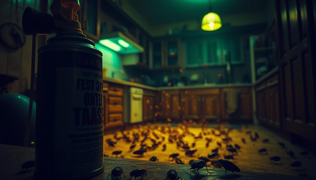 A dimly lit kitchen interior, with a swarm of cockroaches scuttling across the countertops and floor. The scene is bathed in an eerie green-yellow glow, creating an unsettling atmosphere. In the foreground, a can of insecticide stands ready, its label prominently displayed. The middleground features a cluster of the pests, their beady eyes and antennae visible in sharp detail. The background is hazy, suggesting the kitchen's cluttered corners where more of the unwelcome guests may be hiding. The overall composition conveys a sense of urgency and the need for effective pest control measures.