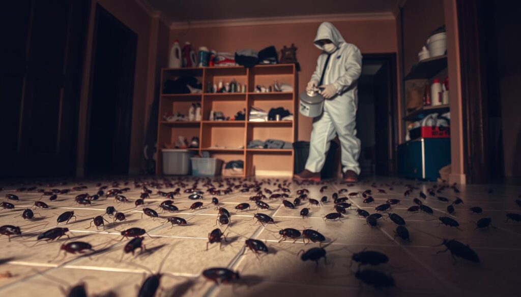 A dimly lit room in a residential building in Hafr Al-Batin, Saudi Arabia. In the foreground, a scattering of large, dark-brown cockroaches crawling across the tiled floor, their antennae twitching. The middle ground shows a man in a white protective suit and mask, wielding a spray canister, as he methodically treats the infested area. In the background, shelves line the walls, cluttered with cleaning supplies and household items. The atmosphere is one of quiet determination, as the exterminator systematically works to eliminate the persistent pest problem. Warm, muted lighting casts deep shadows, creating a sense of unease and the need for effective action.