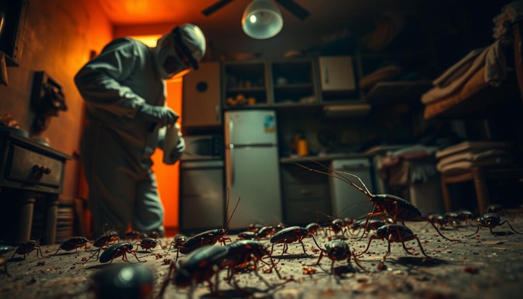 A dimly lit room, with a roach-infested kitchen as the focal point. In the foreground, a pest control specialist in a protective suit applies a targeted treatment, with sprays and baits visible. The middle ground showcases the insidious crawling of the pests, their compound eyes and segmented bodies in sharp detail. The background reveals the humble, cluttered nature of the home, hinting at the challenge of controlling the infestation. Warm, earthy tones dominate the scene, creating a sense of the struggle against this resilient pest. Dramatic lighting casts dramatic shadows, emphasizing the gravity of the situation. The overall atmosphere conveys the diligence and expertise required to effectively eliminate roaches in this specific Bariq setting.