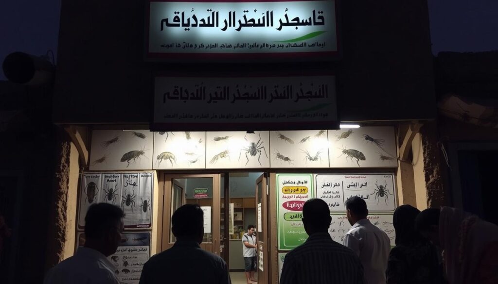 A dimly lit, rural street in Wadi Ibn Hisham, with a prominent sign in Arabic text hanging above the entrance of a pest control company. The storefront is adorned with illustrations depicting various insects, including cockroaches, ants, and spiders, reflecting the diverse range of pests found in the region. The building's facade has a weathered, traditional architectural style, blending seamlessly with the surrounding environment. In the foreground, a group of concerned residents gathers, discussing the importance of professional pest management services to address the local pest issues. The scene conveys a sense of community awareness and the need for effective solutions to combat the persistent insect infestations that plague the area.