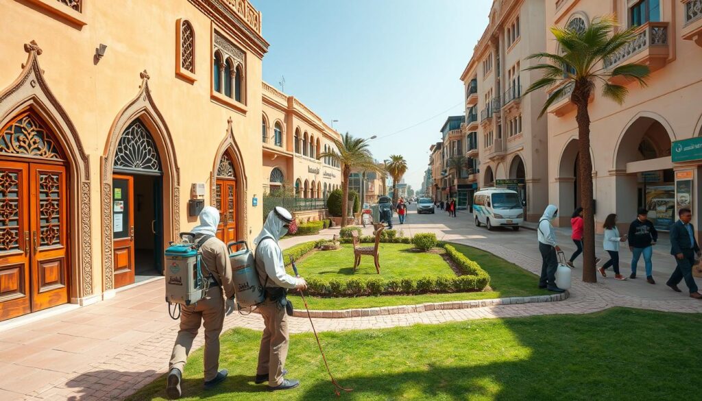 A high-quality, detailed image of a pest control company's office in Bariq, Saudi Arabia, specializing in white ant (termite) extermination. The building has a traditional Arabic architectural style, with intricate carved wooden doors, ornate window frames, and a decorative exterior in warm earth tones. In the foreground, a group of uniformed technicians load up their specialized equipment, including sprayers and protective gear, ready to tackle an infestation. The middle ground features a well-maintained garden with lush greenery and a manicured lawn, while the background showcases the bustling streets of Bariq, with pedestrians and vehicles passing by. The overall scene conveys a sense of professionalism, expertise, and community engagement in addressing the white ant problem facing local residents.