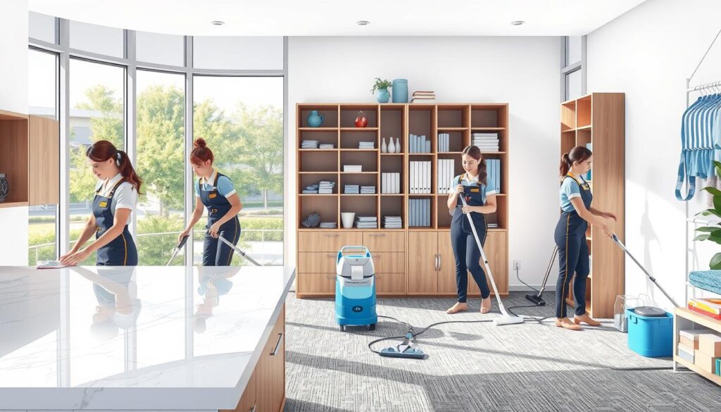 A high-resolution, detailed illustration of a comprehensive cleaning service, featuring a bright, airy interior with large windows allowing natural light to stream in. In the foreground, a team of professional cleaners in uniform are actively engaged in various cleaning tasks - one wiping down a gleaming marble countertop, another vacuuming a plush carpet, and a third dusting intricate shelving. The middle ground showcases an array of cleaning equipment and supplies, neatly organized and readily accessible. The background depicts a panoramic view of the exterior, with a modern, well-maintained building and lush greenery visible through the windows, conveying a sense of cleanliness, efficiency, and a commitment to providing a holistic cleaning experience.