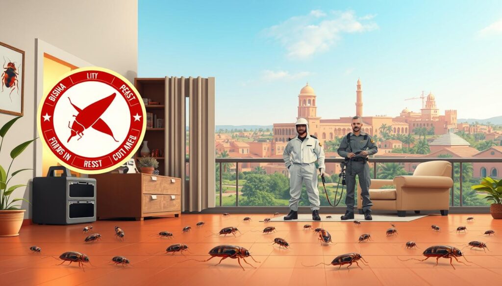 A high-resolution, detailed illustration of a pest control company in Bisha, Saudi Arabia, specializing in cockroach extermination. The foreground depicts the company's logo, a professional-looking team of pest control experts in uniform, and various eco-friendly pest control equipment. The middle ground showcases the interior of a typical home in Bisha, with cockroaches scurrying across the floor and walls, highlighting the need for the company's services. The background depicts the vibrant city of Bisha, with its distinct architectural style and lush, verdant landscape, creating a sense of place and context. The lighting is warm and inviting, conveying a sense of professionalism and reliability. The overall mood is one of competence, efficiency, and a commitment to solving the local community's pest control challenges.