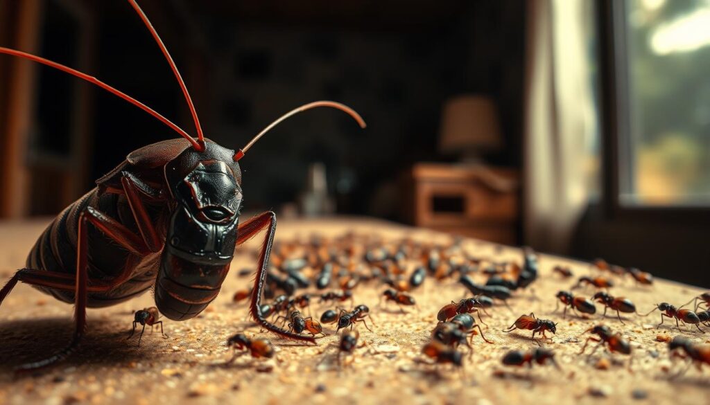 A high-resolution, detailed image of various crawling insects and pests commonly found in the Ballasmer region. The foreground features a prominent large cockroach, its segmented body and antennae clearly visible. In the middle ground, a cluster of smaller insects like ants, termites, and beetles scurry across the surface. The background depicts a dimly lit indoor setting, with shadows and textures suggesting a home or commercial space. Warm lighting from above casts a natural glow, emphasizing the textural details of the insects' exoskeletons. The overall mood is one of an infestation, conveying the need for effective pest control measures.