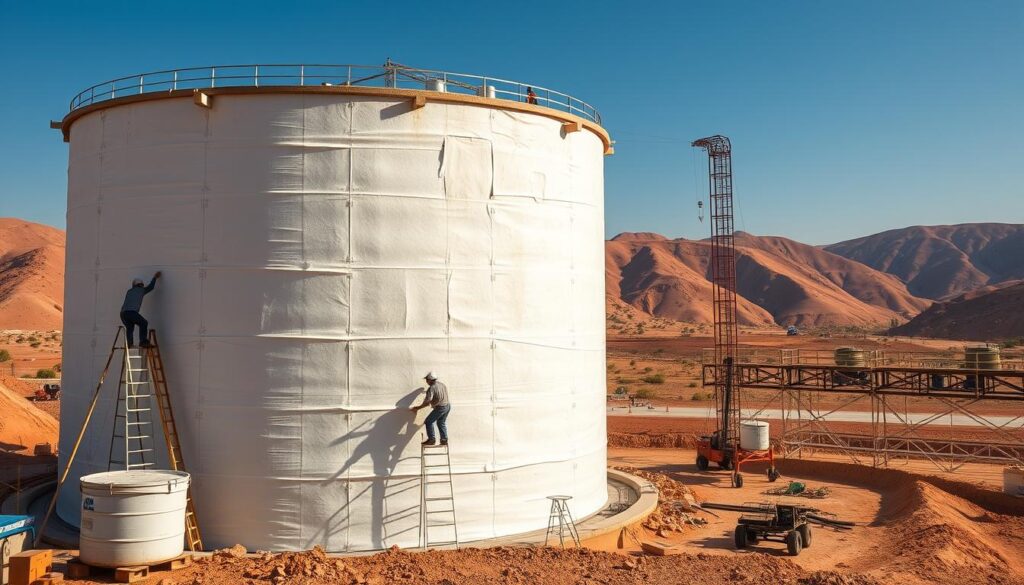 A high-resolution image of water tank insulation in Barq, Saudi Arabia. The foreground shows workers carefully applying layers of insulation foam to the exterior of a large cylindrical water storage tank. The middle ground features construction equipment and scaffolding surrounding the tank, while the background depicts a hilly desert landscape with blue skies and sparse vegetation. The lighting is natural, with warm tones and soft shadows, creating a sense of a sunny, arid environment. The composition emphasizes the scale and importance of the water storage infrastructure, with the tank taking up a significant portion of the frame.