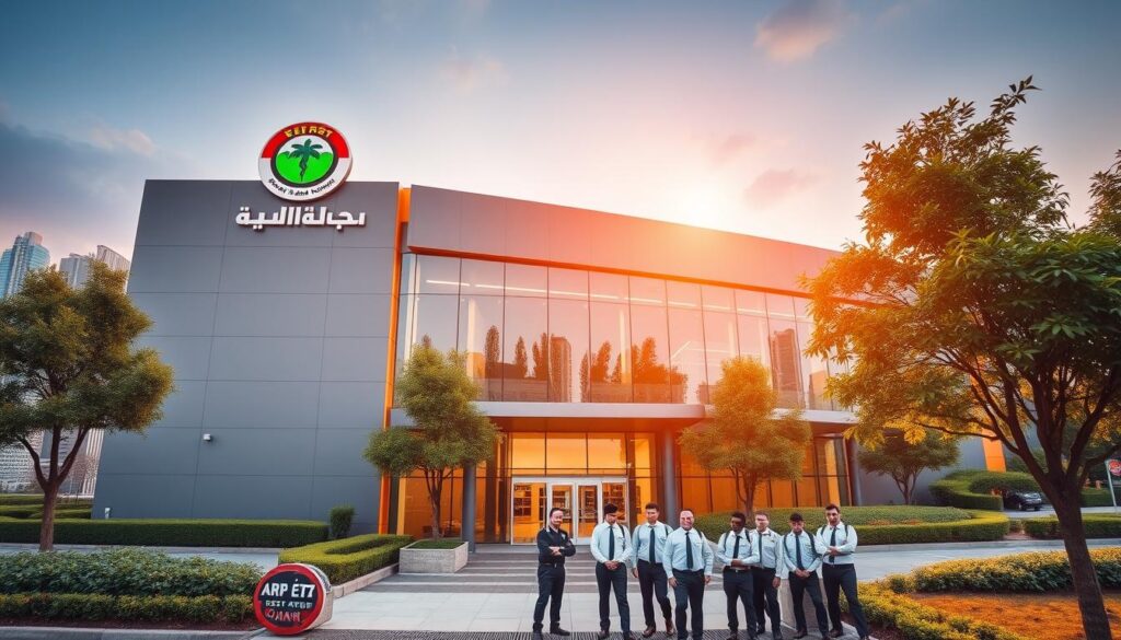 A large commercial building with a prominent logo and signage prominently displaying "شركة مكافحة حشرات في بيشه". The building has a modern, sleek design with clean lines and large windows. The exterior is adorned with lush greenery and well-manicured landscaping. In the foreground, a group of workers in uniform are seen entering the building, conveying a sense of professionalism and expertise. The background features a bustling city skyline, suggesting the company's prominent position within the local community. Warm, natural lighting illuminates the scene, creating a welcoming and inviting atmosphere. The overall composition exudes a sense of authority, reliability, and excellence in pest control services.