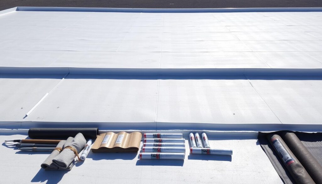 A large flat roof with a smooth, evenly distributed layer of insulation material, such as rigid foam panels or spray-applied polyurethane foam. The roof surface is clean and free of any debris or obstructions, with a uniform, light gray tone. Sunlight casts soft, diffused shadows across the rooftop, creating a sense of depth and dimensionality. In the foreground, a variety of roofing materials and sealants are neatly arranged, showcasing the different options for waterproofing and thermal insulation. The overall scene conveys a professional, well-executed approach to roof insulation and weatherproofing.