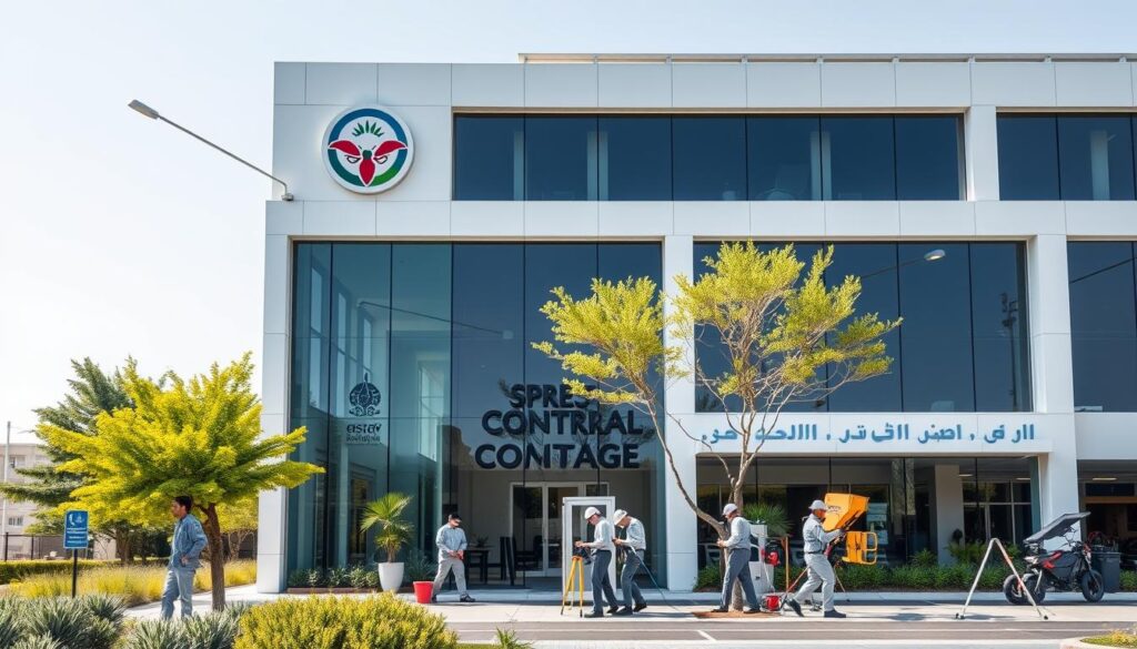 A large, modern office building in the heart of Sarrah Abeedah, featuring a prominently displayed logo and signage for a professional pest control company. The building has a sleek, contemporary design with clean lines and large windows that let in plenty of natural light. In the foreground, a team of uniformed technicians can be seen working diligently, using advanced equipment and methods to tackle a variety of pests. The background showcases the lush, verdant landscape of the surrounding neighborhood, creating a serene and professional atmosphere. The overall scene conveys a sense of expertise, reliability, and comprehensive services offered by the pest control company.