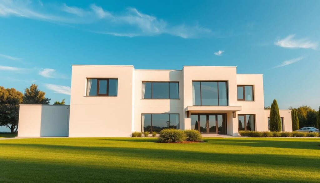 A large, modern two-story building with a flat roof, standing prominently in a well-manicured landscape. The exterior walls are made of clean, light-colored stucco, with large windows that let in ample natural light. The building is set against a clear blue sky with a few wispy clouds, and the foreground features a neatly trimmed lawn and a few lush, vibrant plants. The overall scene conveys a sense of professionalism, expertise, and high-quality services offered by "شركة عزل اسطح بالنماص". The lighting is soft and even, creating a warm, inviting atmosphere.