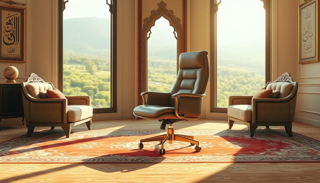 A luxurious, high-quality office chair in a modern, minimalist design sits atop a plush, neatly arranged majlis setting. The room is bathed in warm, natural lighting, creating a serene and inviting atmosphere. The floor is covered in a rich, ornate carpet, and the walls are adorned with intricate Arabic calligraphy and traditional artwork. In the background, a large window offers a picturesque view of a lush, verdant landscape, adding to the overall sense of tranquility and elegance. The scene conveys a professional, yet comfortable and welcoming environment, perfectly suited for a premier cleaning company providing specialized services in Barak, Saudi Arabia.