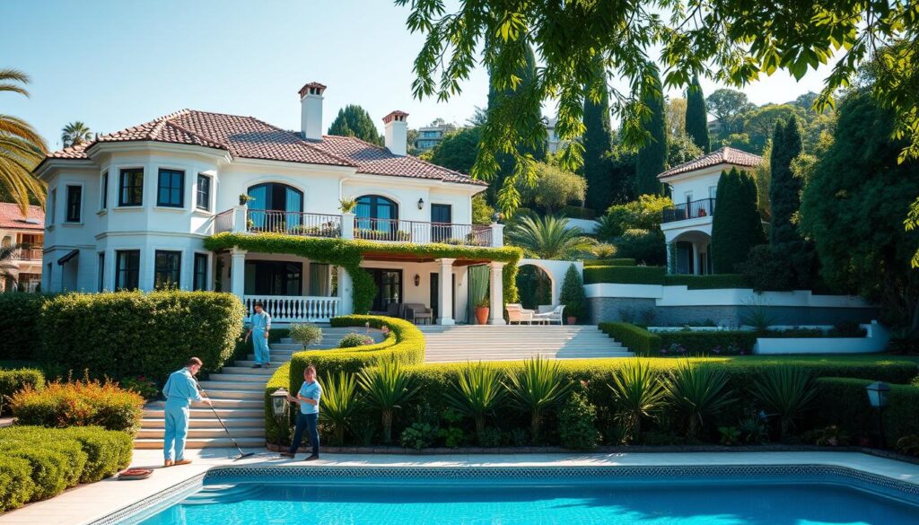 A luxurious villa nestled in the heart of Bllsmer, its pristine white facade gleaming under the warm sun. Lush greenery adorns the meticulously manicured gardens, creating a serene and inviting atmosphere. In the foreground, a team of professional cleaners meticulously scrubs the exterior, ensuring every inch shines. The middle ground features a pristine swimming pool, its crystal-clear waters reflecting the surrounding foliage. In the background, the distinctive architecture of Bllsmer's residential area stands tall, adding to the overall charm of the scene. The lighting is soft and natural, casting gentle shadows and highlights that accentuate the villa's elegant details. The overall composition conveys a sense of tranquility, efficiency, and the high-quality service offered by the cleaning company.