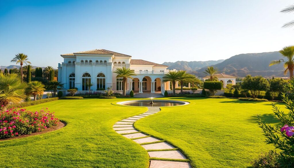 A luxurious villa nestled in the lush greenery of Brim Al Saleeb, its pristine white facade bathed in warm, golden sunlight. Elegant arched windows and intricate architectural details adorn the structure, conveying a sense of timeless sophistication. In the foreground, a well-manicured lawn with vibrant flowers and a meandering path leading to the villa's entrance, inviting visitors to explore. The middle ground features a tranquil water feature, its calming ripples reflecting the surrounding foliage. In the background, rolling hills and a cloudless azure sky create a serene, picturesque scene. This image captures the essence of a premier villa cleaning service, offering a glimpse of the high-end, tailored services that await customers in Brim Al Saleeb.