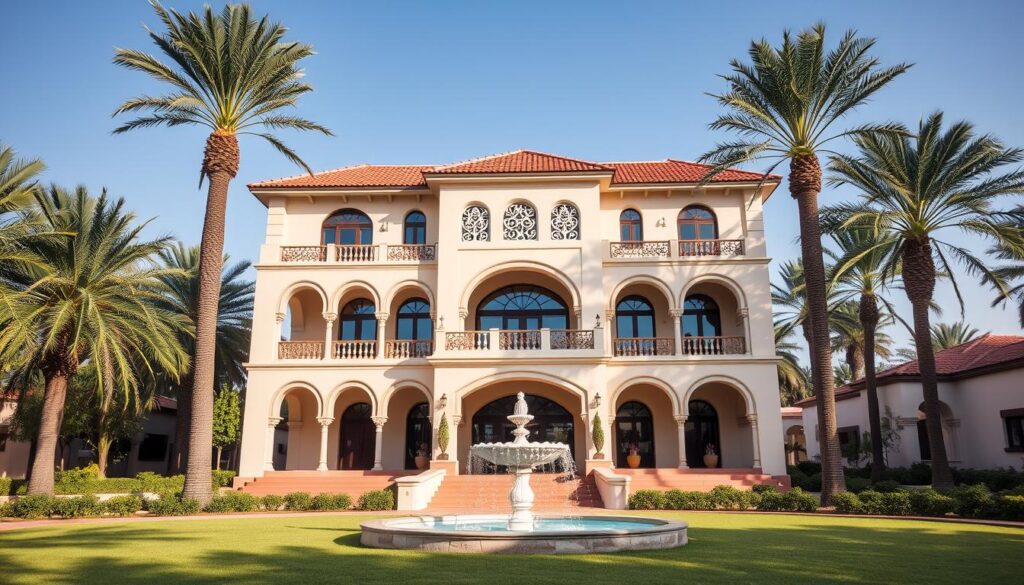 A majestic three-story building with a modern Arabic architectural style, featuring ornate arched doorways, intricate geometric patterns, and a warm, terracotta-tiled roof. The structure is set against a backdrop of lush palm trees and a clear blue sky, creating a serene and inviting atmosphere. In the foreground, a well-maintained lawn and a decorative water fountain add to the elegance of the scene. The lighting is soft and natural, casting gentle shadows that highlight the building's intricate details. The overall composition conveys a sense of professionalism, expertise, and attention to detail, reflecting the high-quality services offered by "شركة عزل اسطح بخميس مشيط".